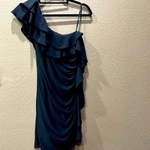 Black one shoulder mini dress with ruffle detail and ruched down left side